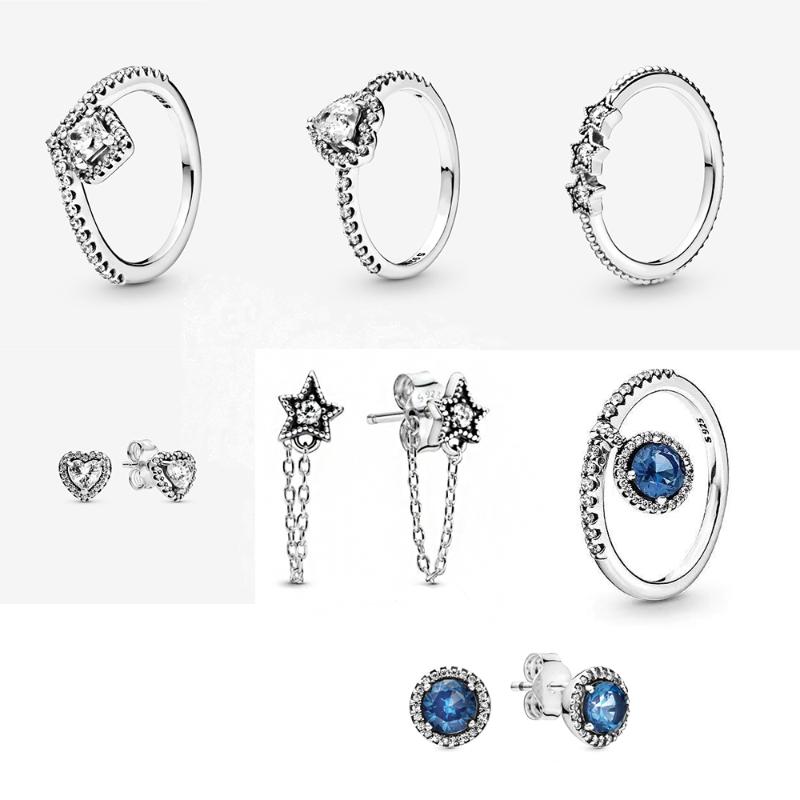 

100% 925 Sterling Silver Heart-shaped Blue Round Glitter Earrings Suitable For Diy Women's Original Fashion Jewelry Gifts