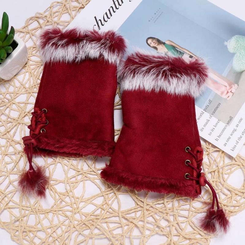 

Women Fur Leather Wrist Fingerless Gloves Autumn Winter Warm Girls Cute Ribbon Clothing Accessories Gift