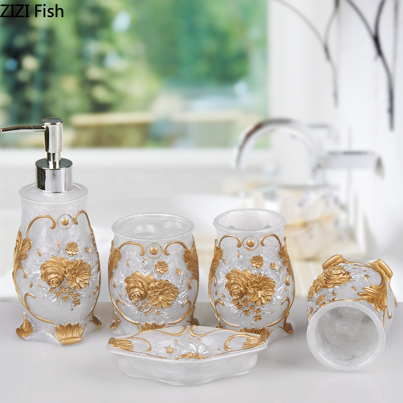 

Chinese style Household resin Bathroom supplies bathroom Five-piece suit Lotion bottle Toothbrush cup Wedding Gifts
