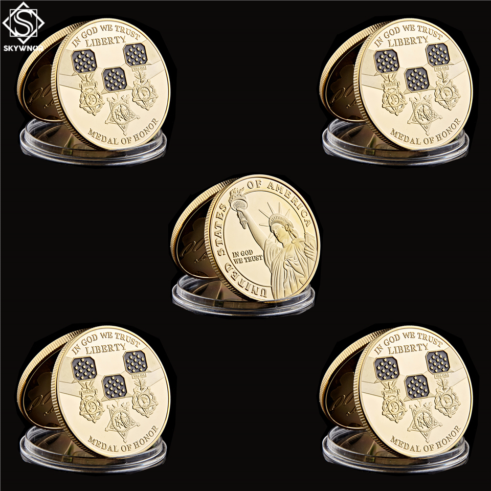 5PCS America In God We Trust Medal Of Honor 999/1000 Craft Gold Plated Liberty Challenge Coin USA Collection-image-587046654