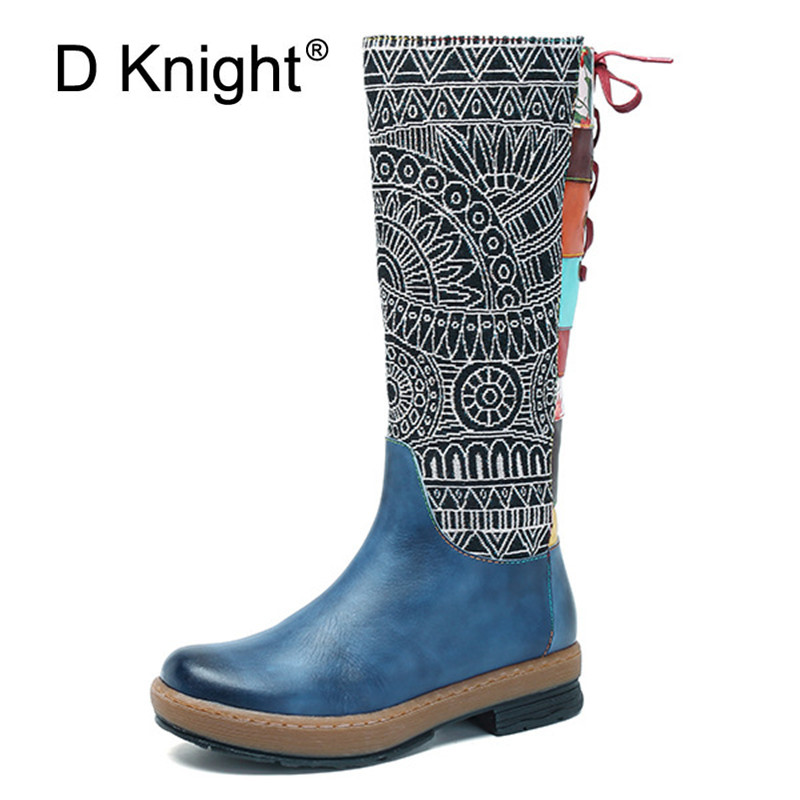 

D Knight Fashion Genuine Full Grain Leather Flat with Shoes Handmade Round Toe Heel 3cm Winter Spring Knee High Boots For Women, Blue 4xl51