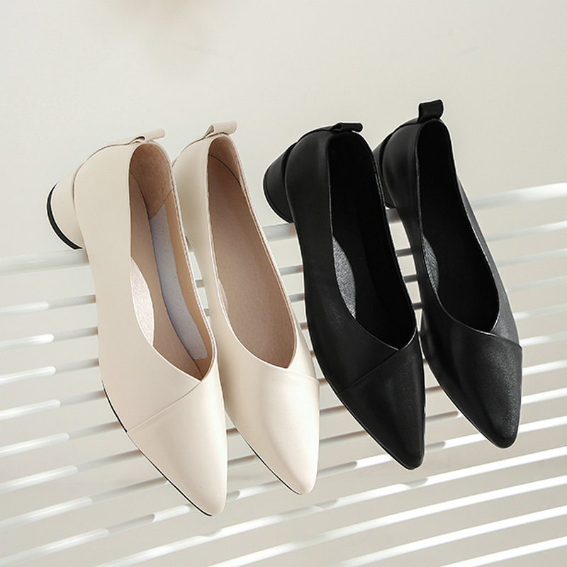 

Genuine Leather Chunky Heel Pumps Woman Shoes Slip-On Work Shoes Business High Heels 3.5cm Block Heeled Ladies, Beige