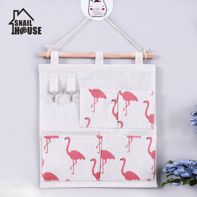 

4 Pockets Cotton Linen Wall Hanging Storage Bags Door Pouch Bedroom Wall Hanging Home Office Organizer with storage bag, Pinkgezi