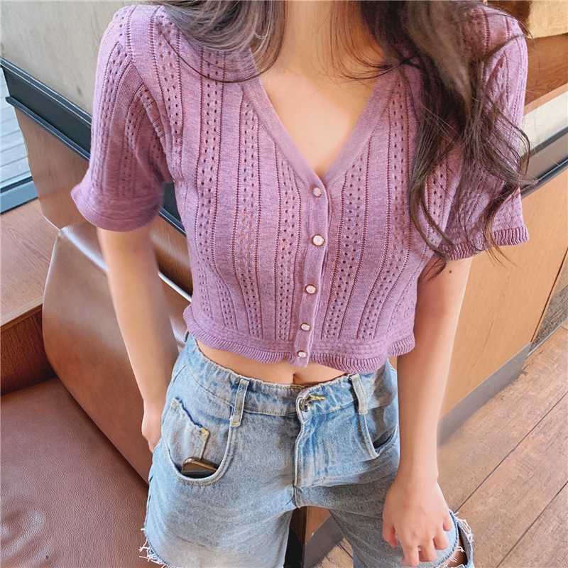 

Purple Cropped Cardigan Knitted V Neck Short Sleeve Button up Hollow Out Crop Top Summer Sexy Women's Short Cardigan White Black