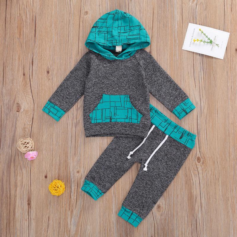 

2020 Spring Autumn Winter Toddler Baby Girls Boys Long sleeve Hoodie Infant Irregular Lines Pocket Set Lace-up Pants Casual Set, As pic