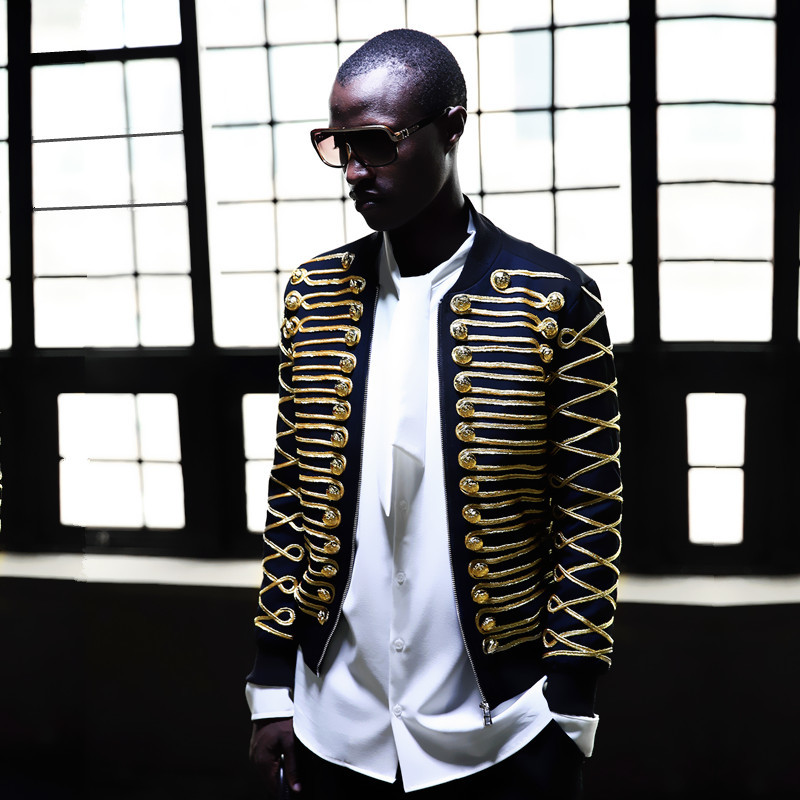 

Suit Gold Black Jacket Men Luxury Gold Metal Buckle String Heavy Workmanship Slim Fit Jacket Men Terno Masculino