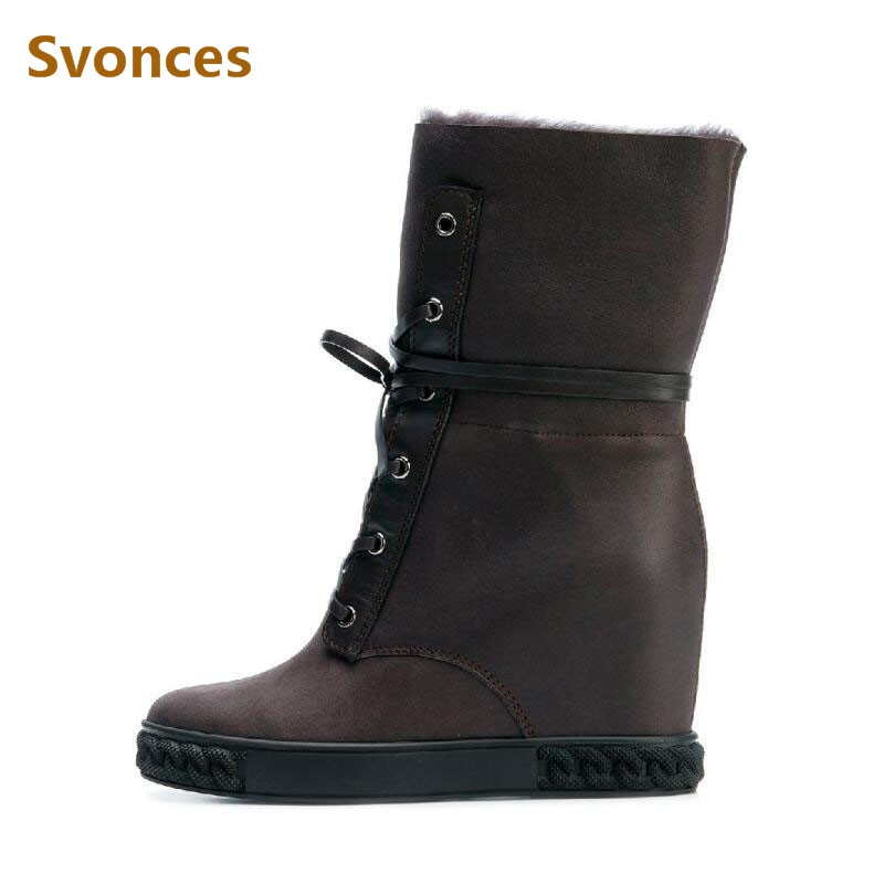

Newest Winter Warm Wool Height Increasing Women Boots Solid Platform Lace Up Wedge Botas 8CM High Heel Snow Boots Shoes Woman 41, As show