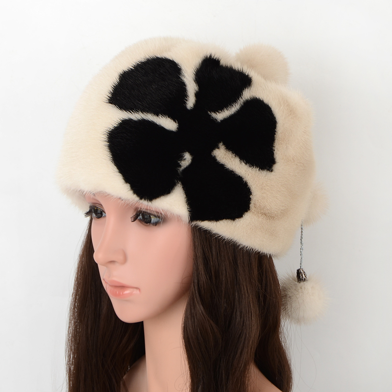 

Hat Mink Real Fur Flower Beanie Pom Pom Fur Hat Women Bonnets Wholesale Luxury Fashion High Quality Cap 2020 New Winter, Yh-3