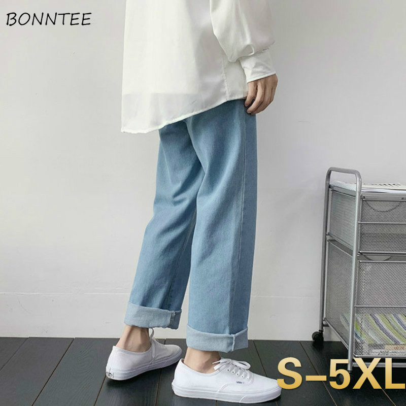 

Men Jeans Korean-style Fashion Straight Simple Trousers Oversize 5XL Loose Wide-leg Ankle-length All-match Leisure Street-wear, Light blue