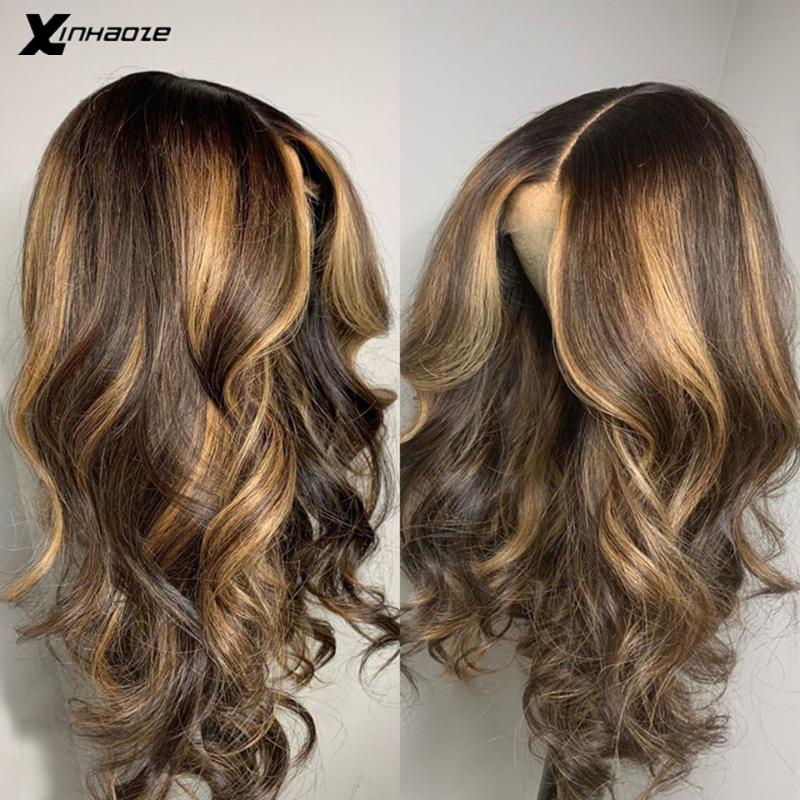 

Honey Blonde Brown Highlight Mix Color 13x6 Lace Frontal Wig Ombre Brazilian 5*5 Silk Base Lace Front Human Hair Wigs Preplucked, 13x4 middle part wig