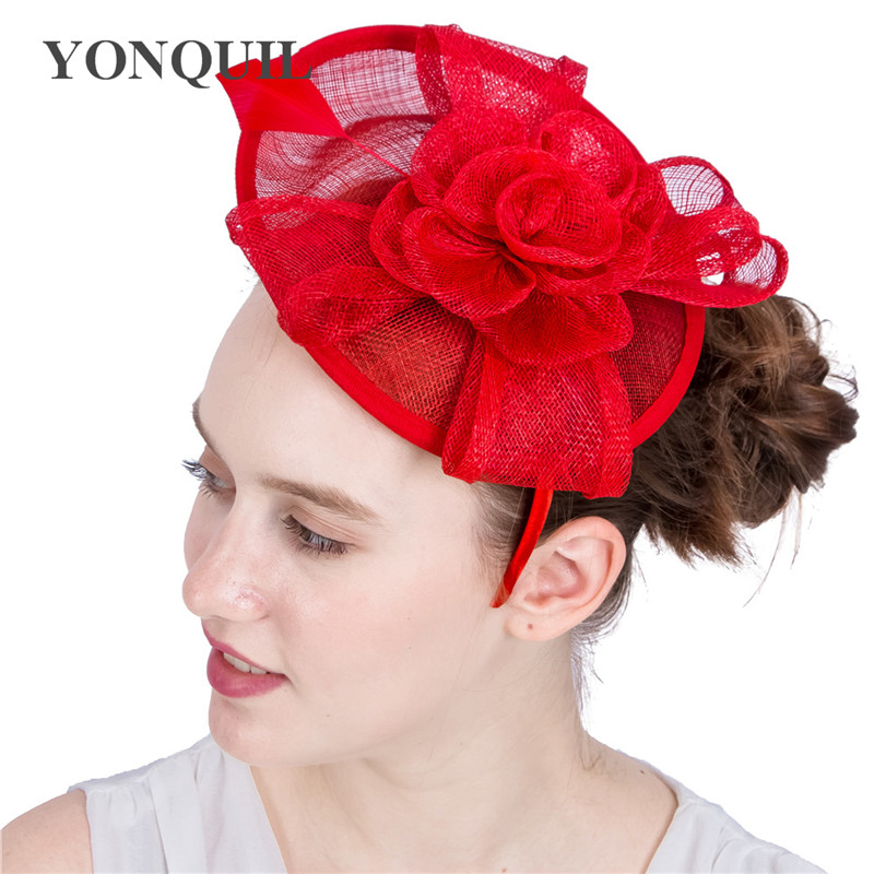 

High quality sinamay red fascinator hat on hair band wedding headband party church hats for women charming classic DIY millinery cap SYF160