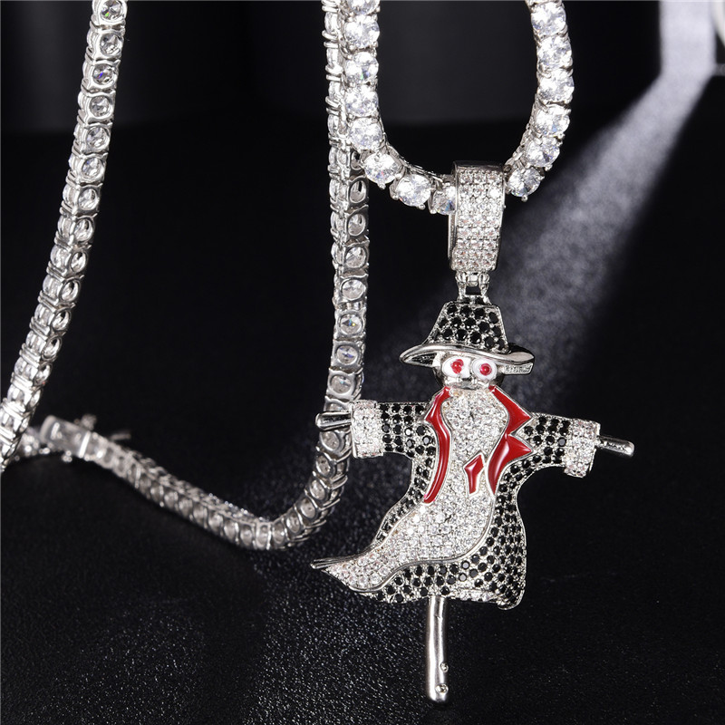 

Hip Hop Full CZ Zircon Scarecrow Pendant With Free 24 Inches Iced Out Tennis Chain Luxury Bogy Necklace Jewelry