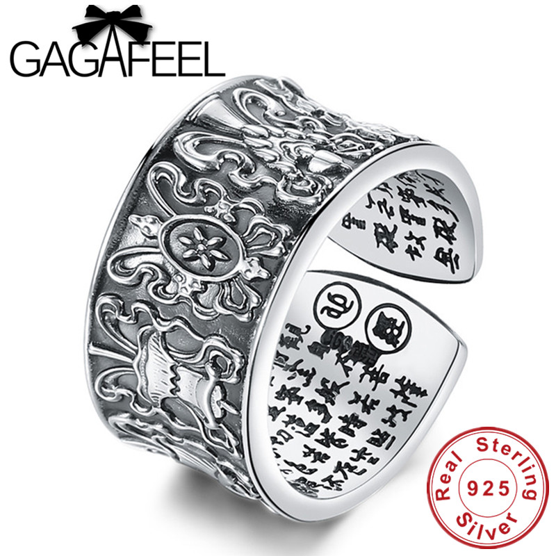 

GAGAFEEL 990 Pure Silver Buddhistic Sutra Rings for Men Vintage Fashion Thai Silver Women Man Lovers Religiou Jewelry Charm Gift