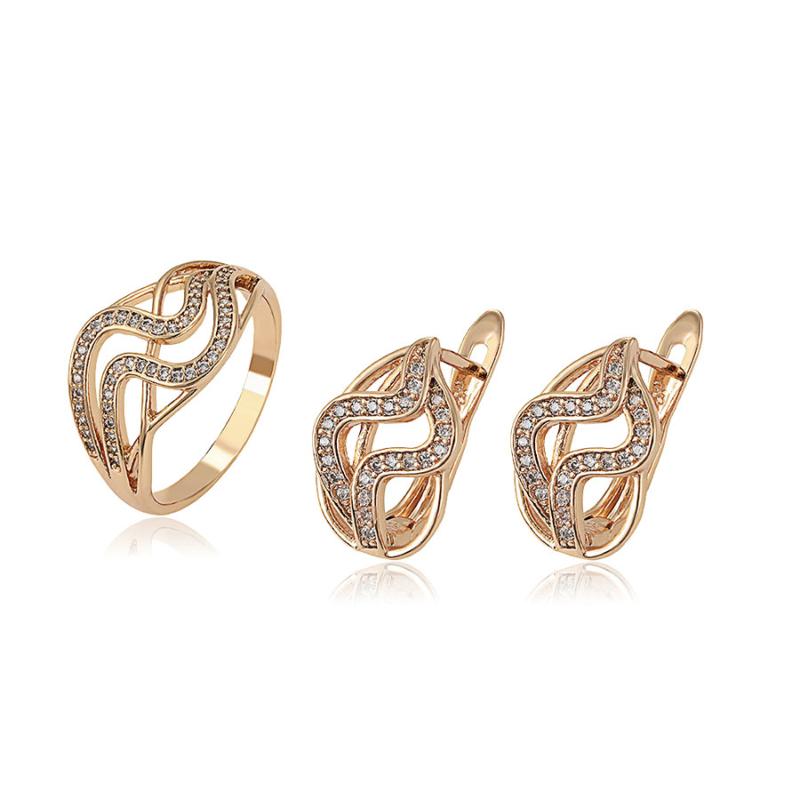 

MxGxFam New Arrivals Curve + Zircon Hoop Earrings and Ring Jewelry Sets for Women Gold Color 18 k, As pic