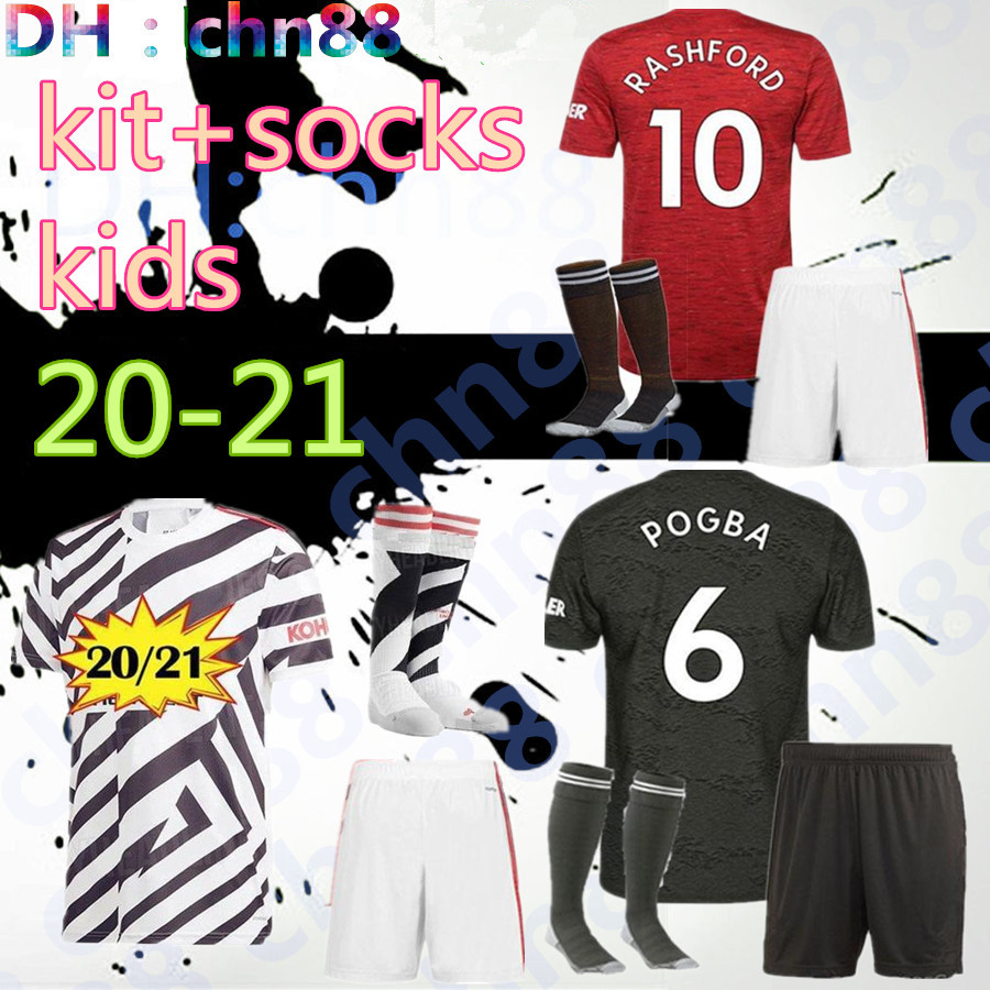 

20 21 POGBA Manchester soccer jersey KIDS kit+socks 2020 2021 Jerseys UTD UniTed TOONE RASHFORD LINGARD football shirt boys RASHFORD kit, 3rd