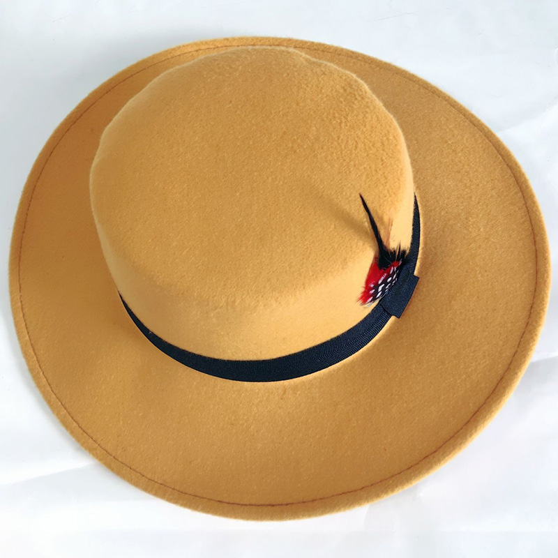 

Newest Spring Autumn Winter Women Cap Flat Hat Feather Top Hat British Style Fashion Fedora Faux Wool, Coffee