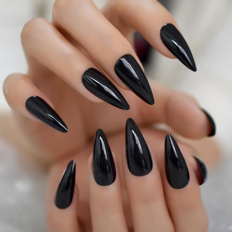 

Black Long Point Stiletto False Nail Tips Acrylic Salon Full Cover Nails Artificial Fake Nails Press On With Glue Sticker, L5615