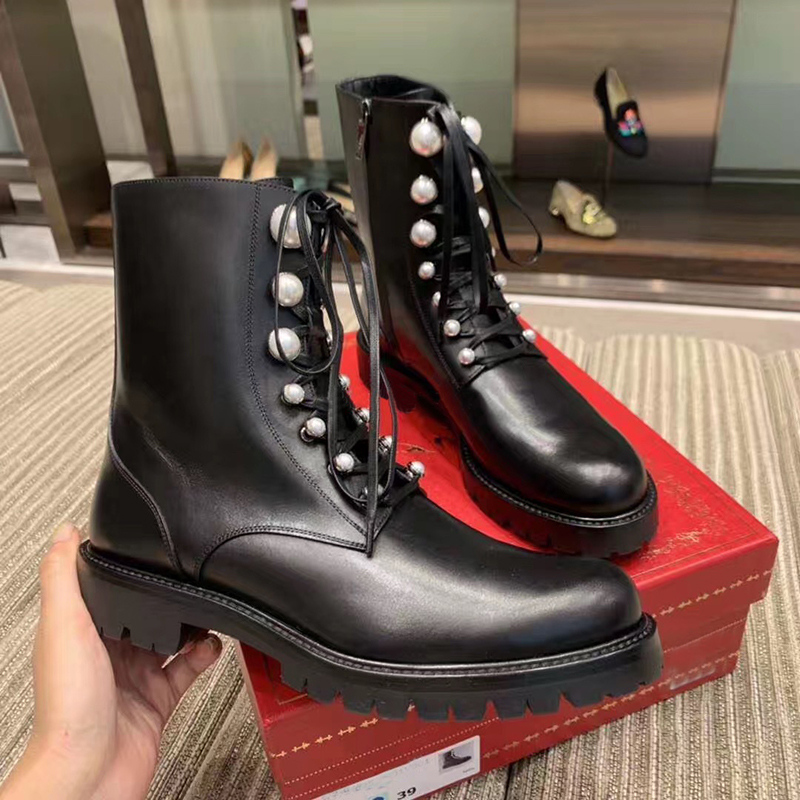

Pearl Stud Boots Woman Lace Up Shoes Woman Zipper Zapatos De Mujer Falts Botas Mujer Mid Calf Ladies Shoes Concise Boots, As pic