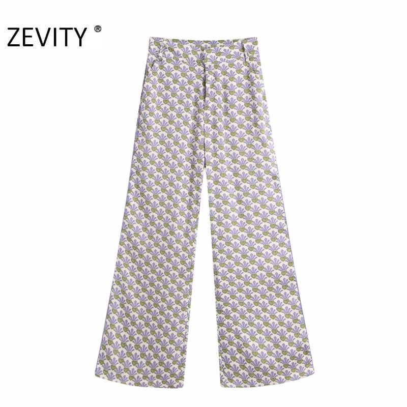 

ZEVITY New Women vintage flower print straight pants femme leisure zipper Trousers office lady wear casual slim chic pants P910, As pic p910bb