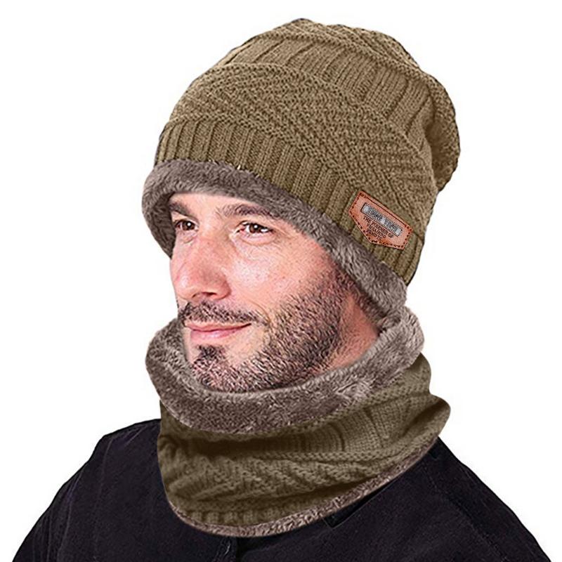 

Men Warm Skullies Beanie + Soft Scarf Two-Piece Set Winter Thicken Hat Male Windproof Knitting Caps Neck Warmer
