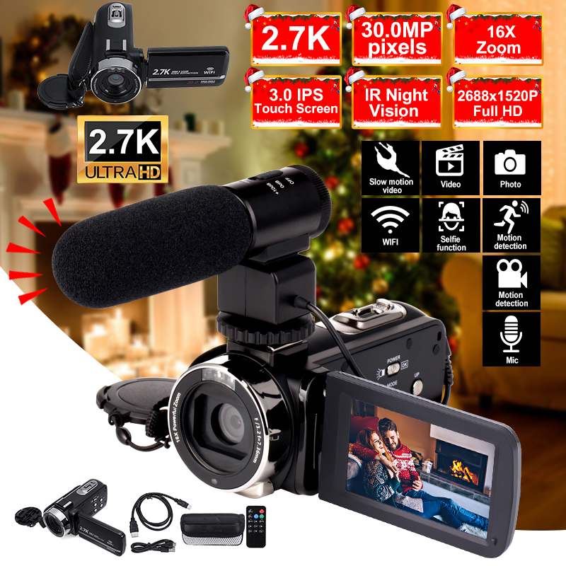 

2.7K Camcorder Video Camera Wifi IR Night Vision 30MP 3.0 Inch LCD HD Screen Time-lapse Photography Camera 16X Digital Zoom, Samll microphone