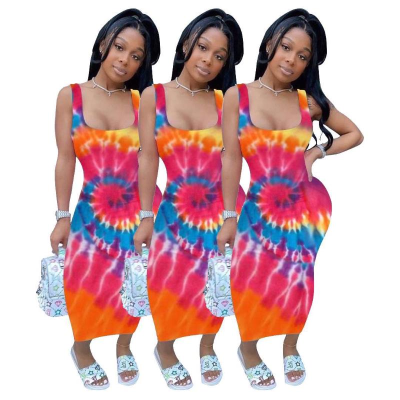 

New Autumn Dress Women Sleeveless Square-collar Irregular Print Fashion Casual Slim Sexy Package Buttocks Female Leisure Clothes, Multi