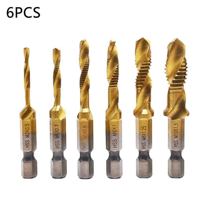 

6pcs M3 M4 M5 M6 M8 M10 HSS Drill Bit Tap HSS Drill Bits Metric Thread Spiral Screw1/4" Hex Shank Bits Set Power Tools