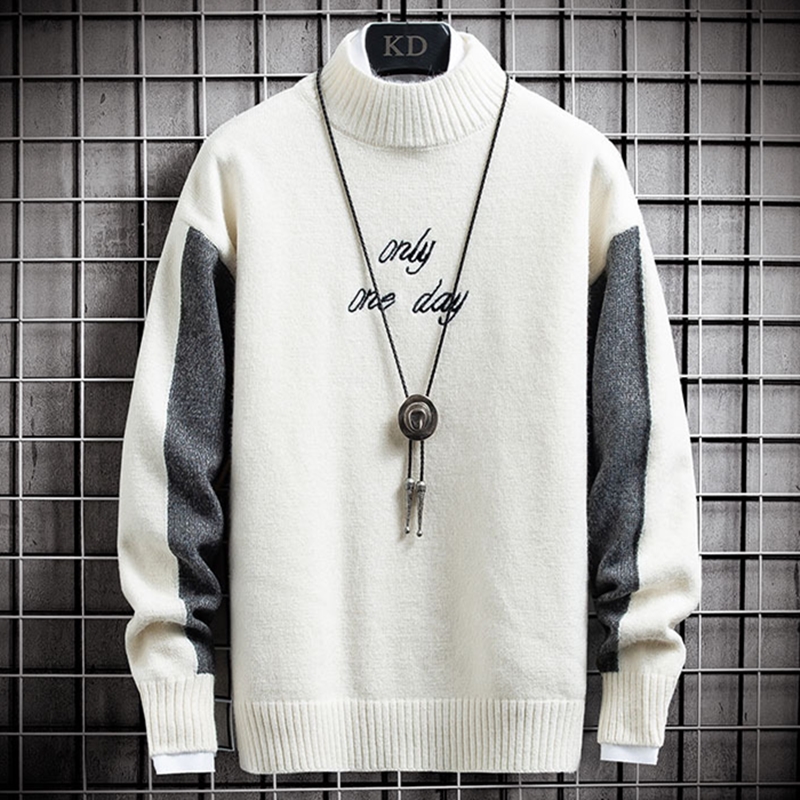 

2020 winter letter print sweater Men's Slim Half Turtleneck Sweater Thicken warm clothes Fashion brand casual bottoming shirt, Black