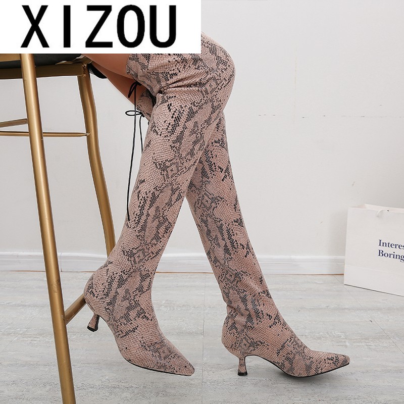 

Long Boots Women Leopard Grain Serpentine High Heel Boots Pointed Toe Sexy Club Thigh High Over-the-Knee Women Shoes, Black snake