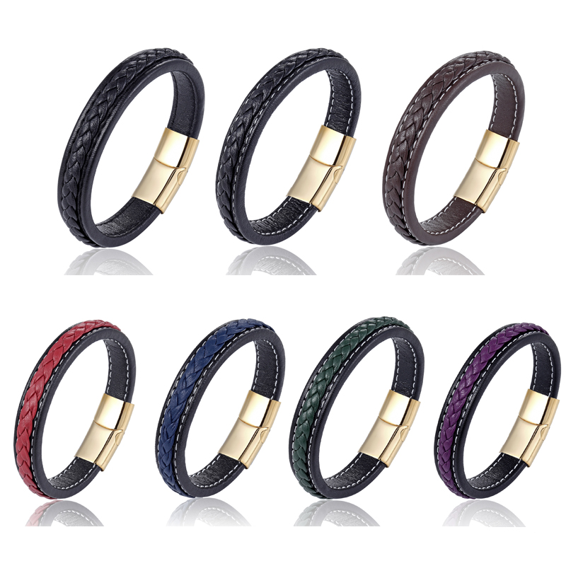 

Charm Bracelets Wholesale Trendy Genuine Leather Bracelet Men Stainlees Steel Cuff & Bangles Male Jewelry Gifts 12 Pcs/bag