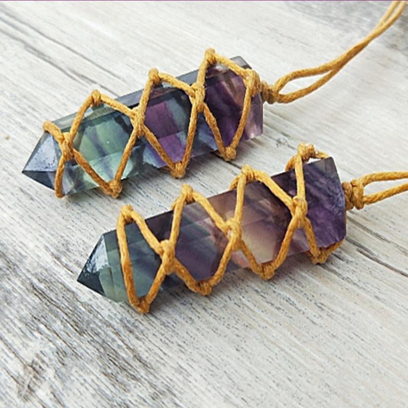 

FYJS Unique 10 Pcs Handmade Weave Wrap Irregular Shape Pendant Prism Colorful Fluorite Stone Necklace Trendy Jewelry
