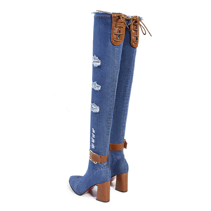 

SunNY Everest 8cm women heels 2020 over-the-knee boots pointed fashion denim sexy thick high heels size 35-40, Light blue