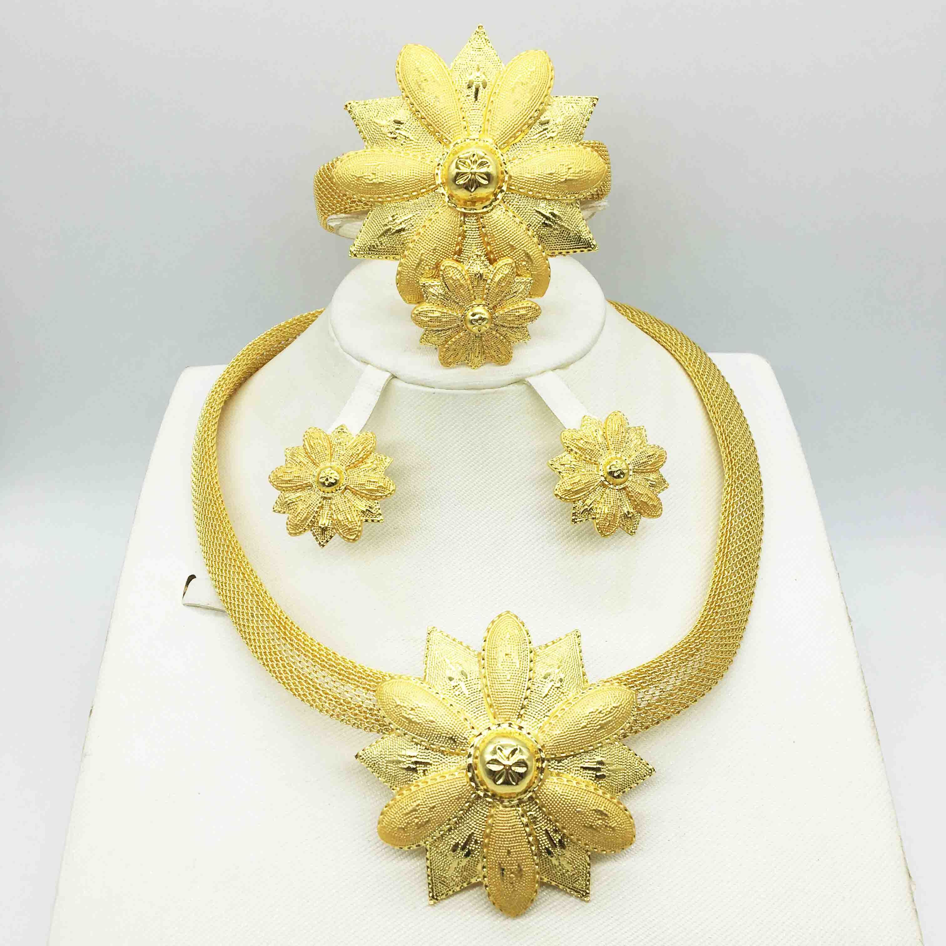 

HOT Fashion wedding Dubai Africa Nigeria African Jewelry set gold-color necklace Earrings romantic woman Bridal Jewelry Sets LJ200909