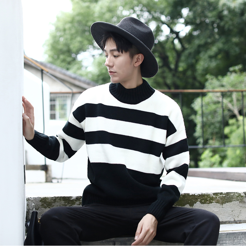 

2020 New Men's Striped Sweater Fashion Warm Convex collar Patchwork Knitted Pullovers Autumn Winter Casual Tops jersey hombre, Black