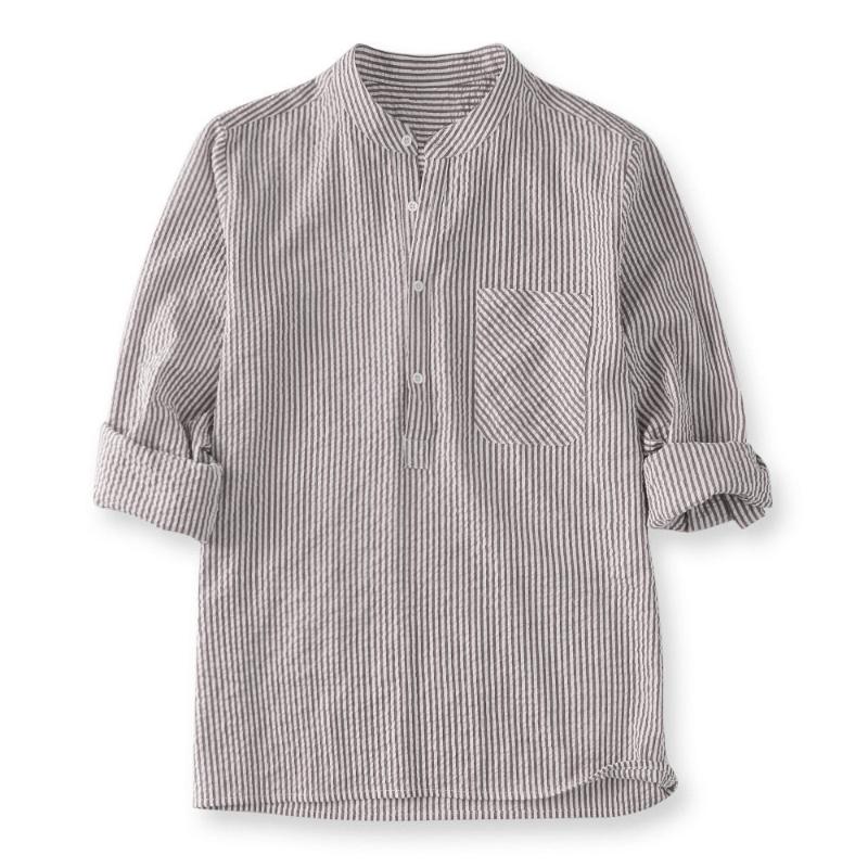 

2020 Half Button Up Shirt Men Vertical Pinstripe Shitrs Chest Pocket Stand Collar Long Sleeve Shirts 5XL Dropshipping, Black