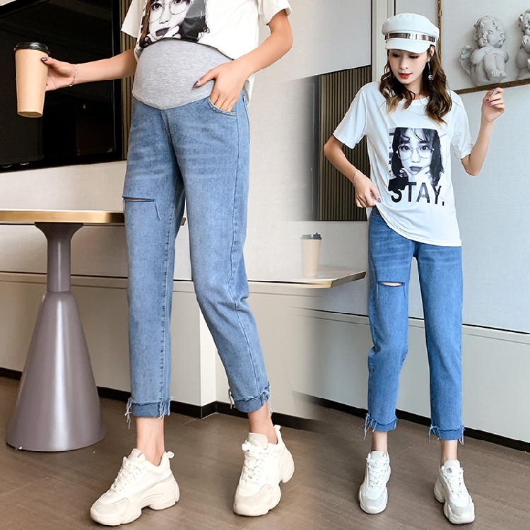 

806# Maternity pants Spring Autumn Maternity Jeans Belly Support Pants Support Abdomen Elastic Waist Trousers, Blue
