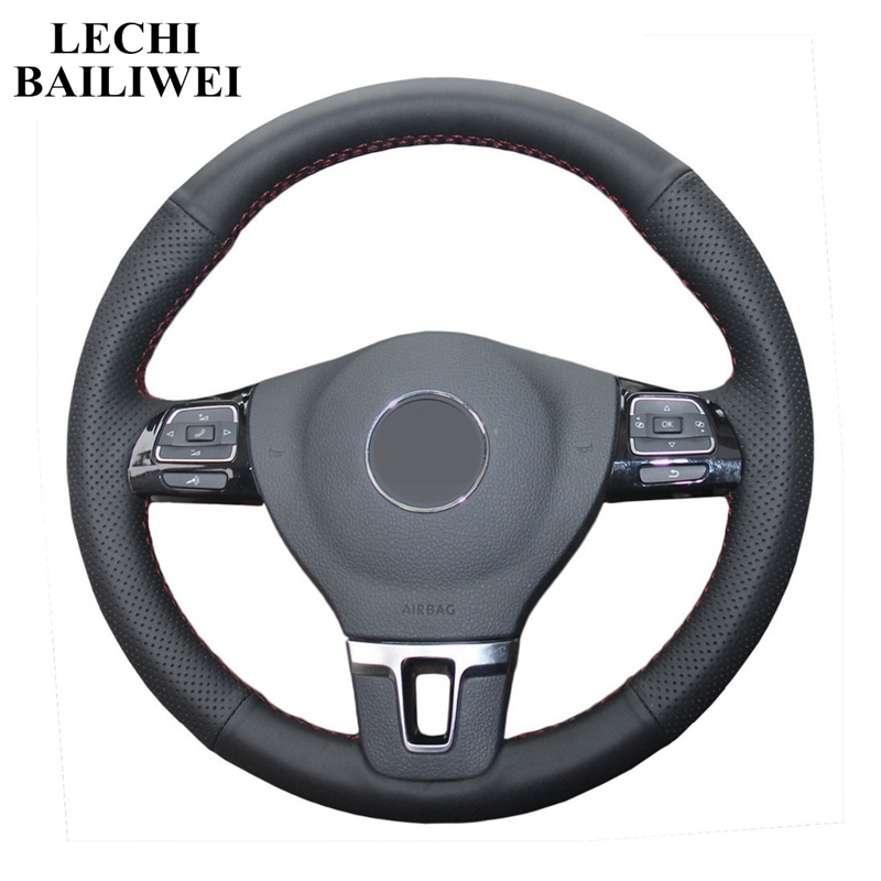 

Genuine leather SteeringWheel Cover Black Hand-sewing Steering Wheel Covers for Volkswagen Golf 6 Mk6 Jetta 6 Polo 2011-2014 car accessories