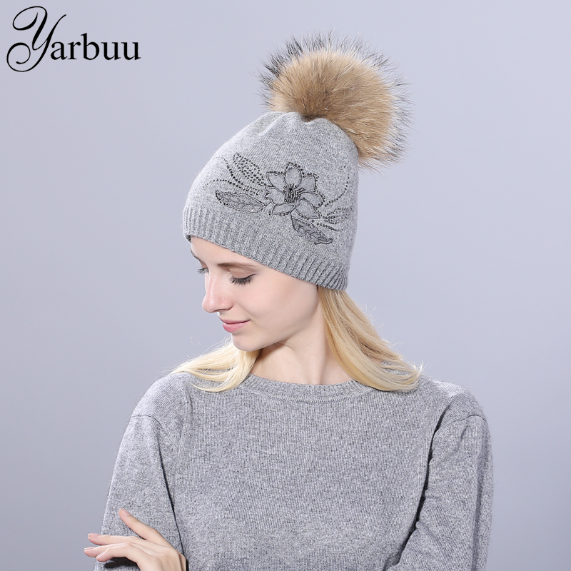

YARBUU] winter Knitted hat for women Flower lace Rhinestone Hats For Women Beanies real ball cap female wool Skullies, White