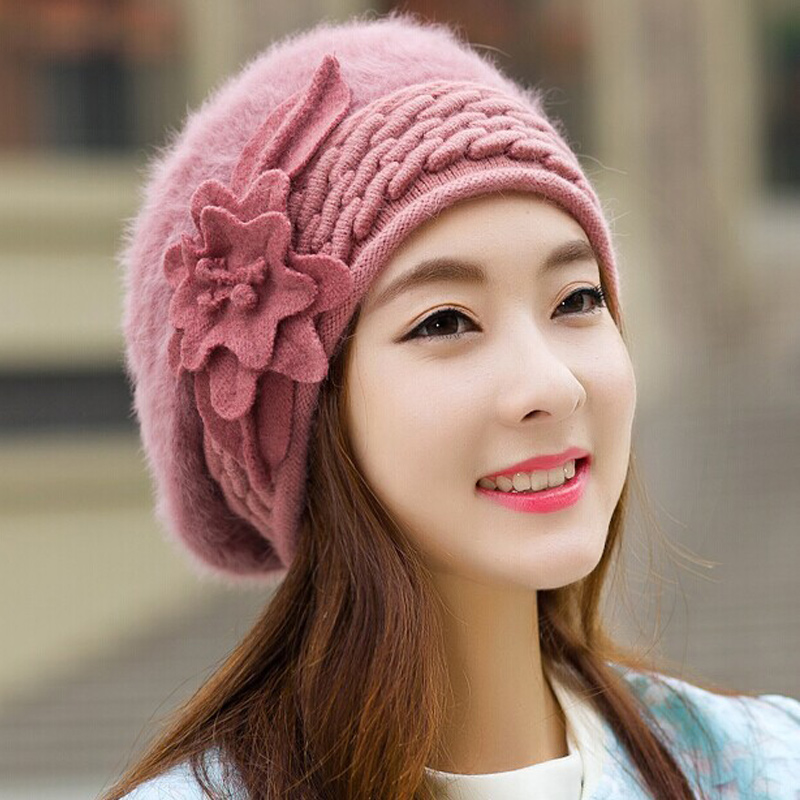 

brand new flower Beanies Winter fur Hats caps For Women Floral Skullies Wool Mixed Fur Warm Outdoor Knitted Beanies, Black