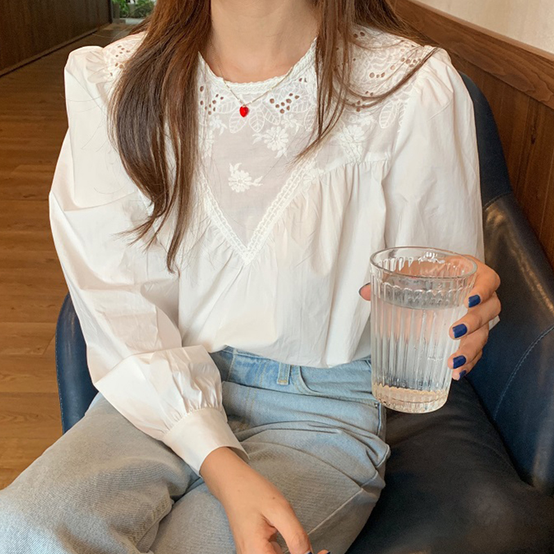 

Autumn Round Neck Hollow Out Embroidery Blouse Women Beige/White Puff Long Sleeve Casual Shirts Female New Fashion Blusas 2020
