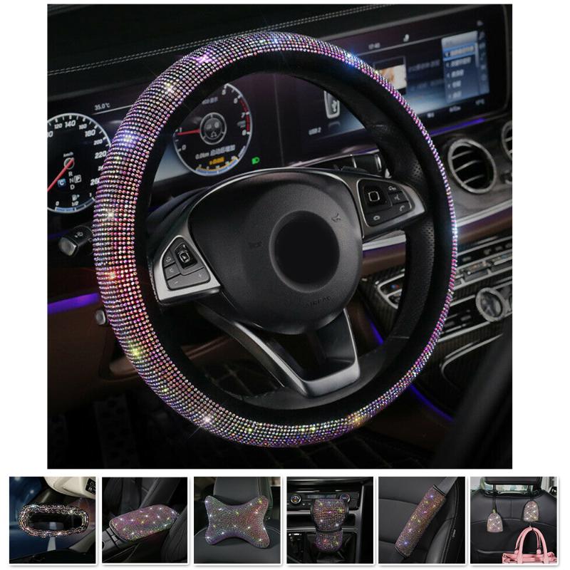 

Car Steering Wheel Handbrake Cover Headrest Hook Decoration Shoulder Guard Decor Sparkle Luxury Rhinestone Car Kits Universal