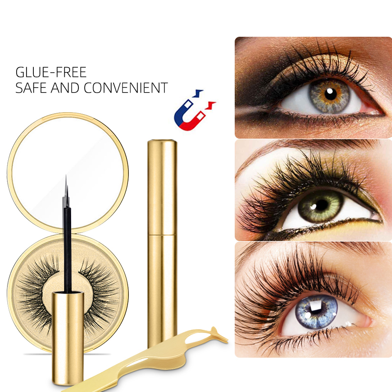 

3Pcs/set gold magnetic eyelashes set with liquid eyeliner tweezer mink eyelashes extension no glue magnetic lashes IB010