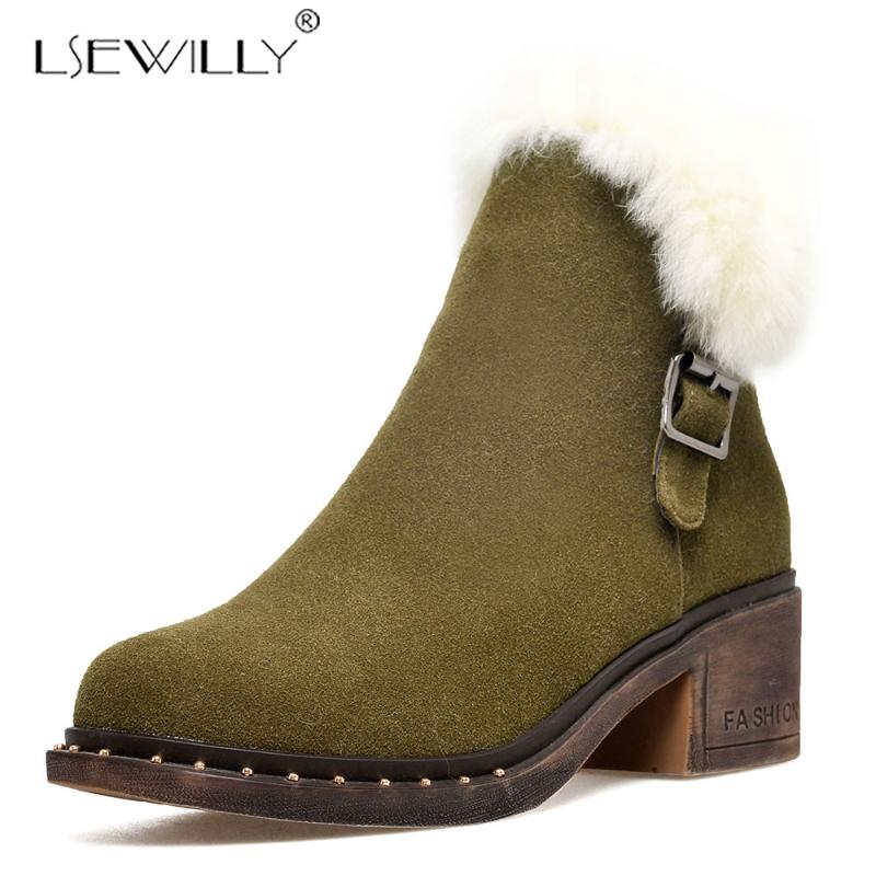 

Lsewilly 2020 new arrival suede leather ankle boots for women zip keep warm winter snow boots square high heels shoes woman K74, Black