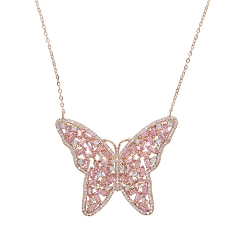 

Rose gold pink gold green baguette cz paved colorful big butterfly pendant necklace 2020 spring new jewelry