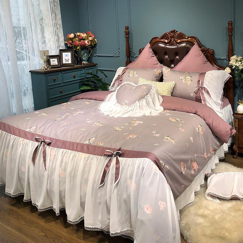 

Bedding Sets 46 Soft Egyptian Cotton Green Pink Floral Set Queen King Size Duvet Cover Bed Sheet Skirt 4/7Pcs, Color 1