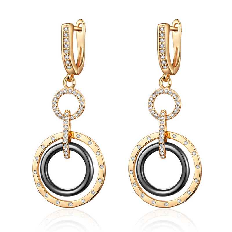 

Luxury Round Circle Ceramic Drop Earrings Paved Cubic Zirconia Gold Silver Color Long Earings Women Jewelry Girls Gift Accessory