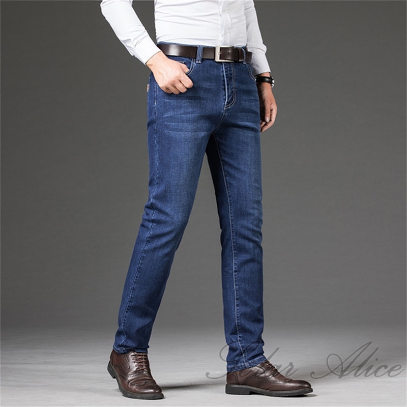 

Free Shipping 2020 Men's Fall/Winter New Straight Jeans Loose Mid-Waist Slim Stretch Large Size Middle-aged Business Casual Pant, Blue