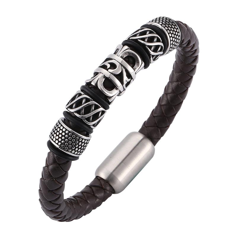 

Retro creative pattern men's brown woven leather bracelet Stainless steel magnetic buckle fashion glamour bracelet 7-SP0139