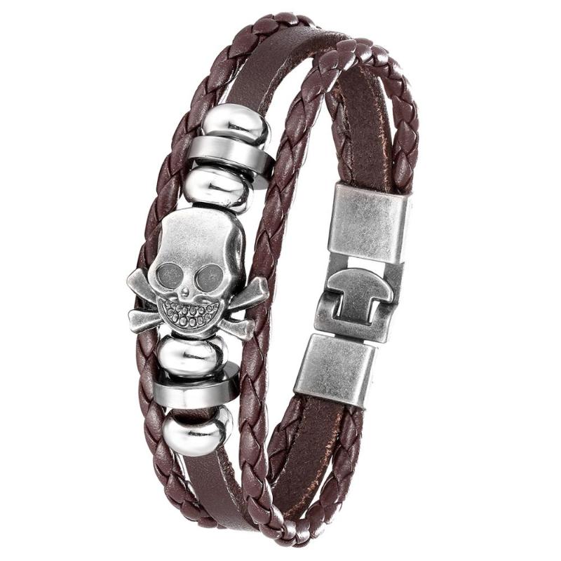 

Vintage punk leather bracelet men's multilayer skull weave men's bracelet