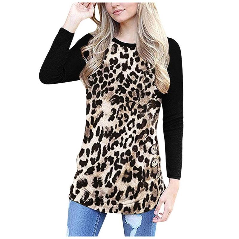 

New Autumn Women Girl Tops Full Sleeve Round Neck T shirts Cotton Leopard Patchwork Casual Sweatshirt Top T shirts, Purple